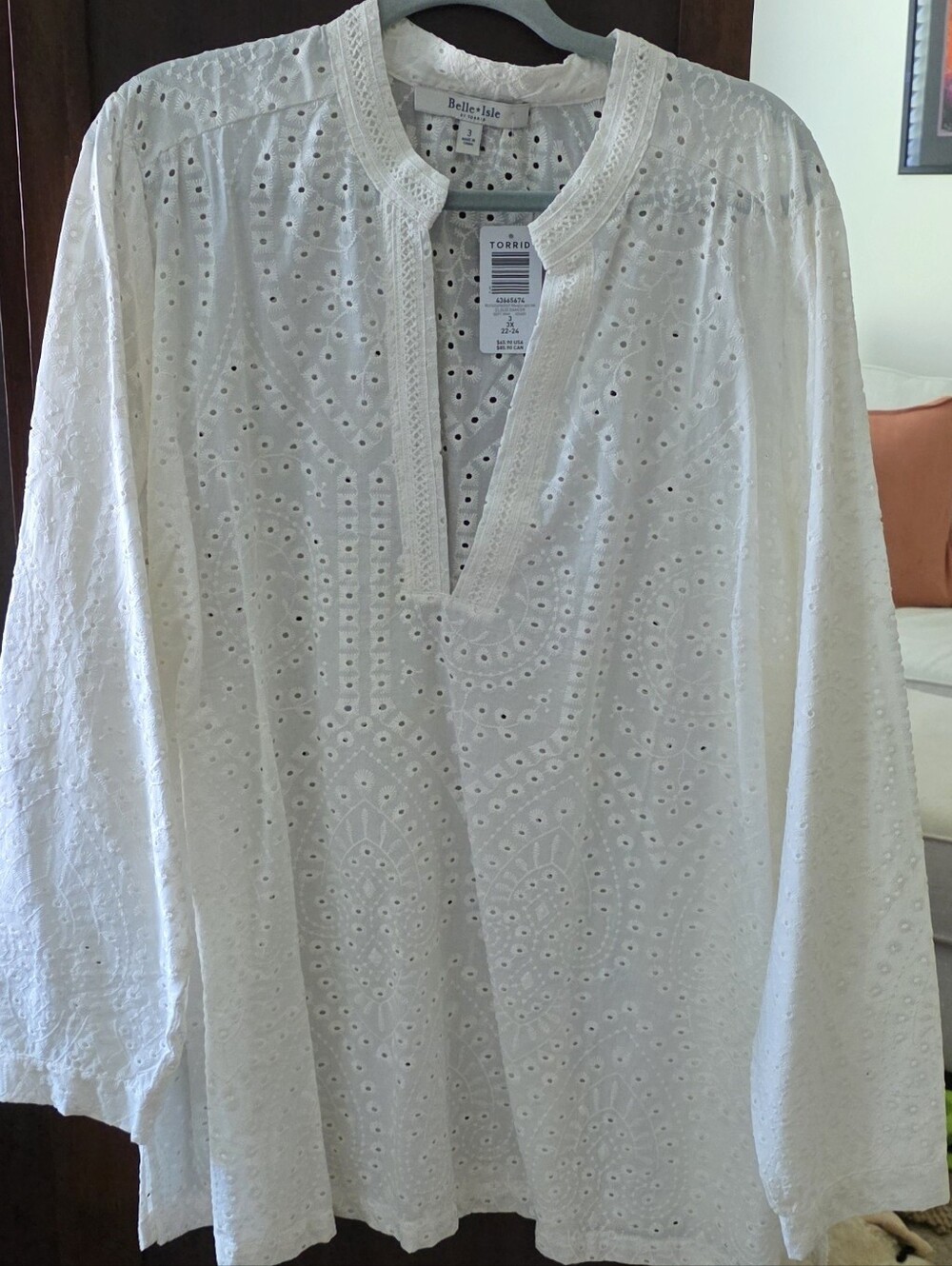 NWT TORRID- Belle*Isle Winter White Eyelet Cotton Tunic Shirt - Long Sleeve